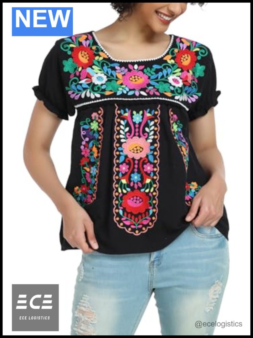 Women's Mexican Embroidered Peasant Blouse Cotton Short Sleeve Summer Top